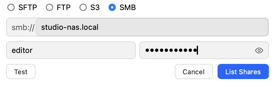 Trove's Add Connection form with SMB selected: an smb:// server field, optional username, a password field with a show-password toggle, and Test and List Shares buttons.