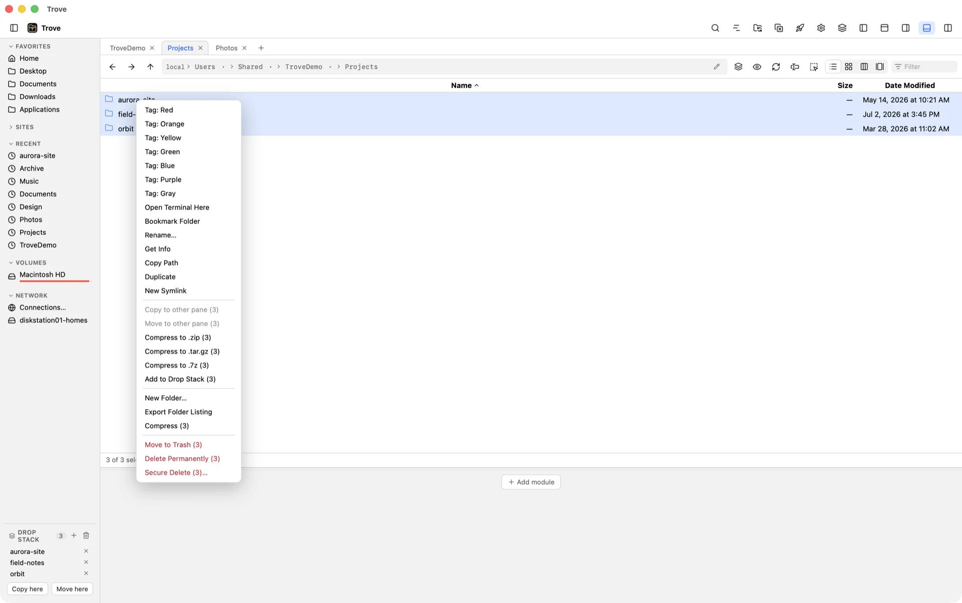 Trove's right-click menu on a folder, listing color tags, Open Terminal Here, Bookmark Folder, Rename, Get Info, Copy Path, Duplicate, New Symlink, compress options, Add to Drop Stack, and delete options.