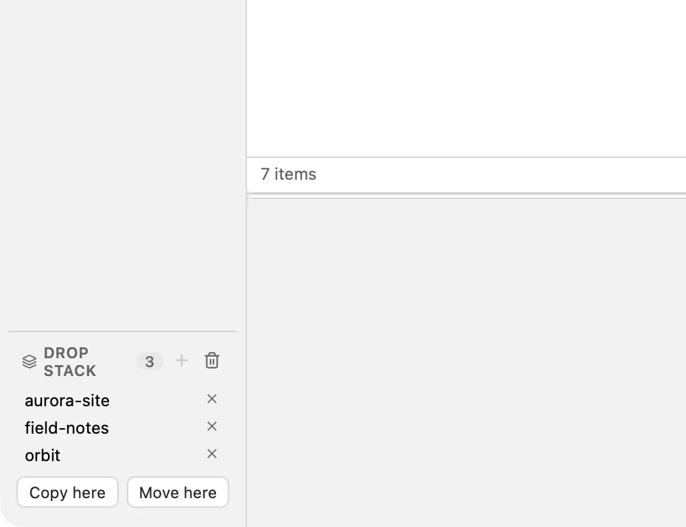The Drop Stack in Trove's sidebar holding three collected files, with Copy here and Move here buttons beneath them.