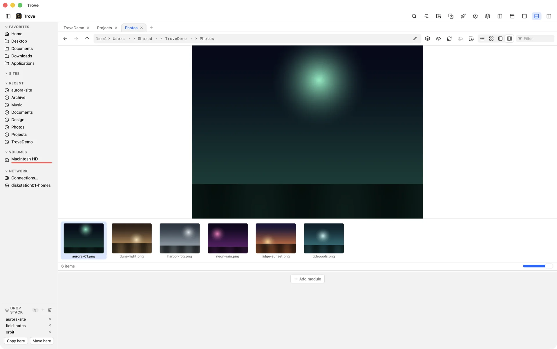 Trove's Gallery view showing a large image preview with a filmstrip of photo thumbnails underneath.