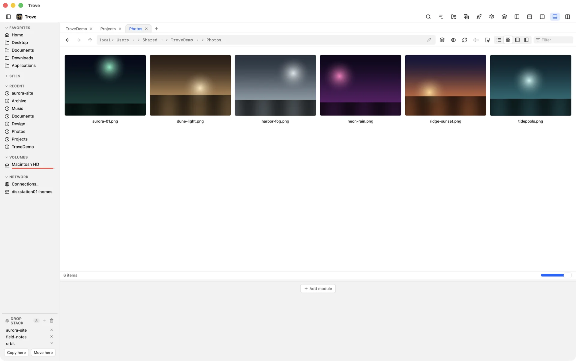 Trove's Icon view showing a grid of photo thumbnails for a folder of images.
