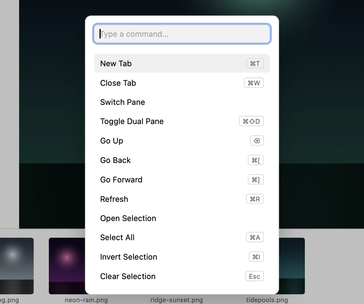 Trove's command palette open over a gallery preview, listing commands such as New Tab, Close Tab, Toggle Dual Pane and Go Back with their keyboard shortcuts.