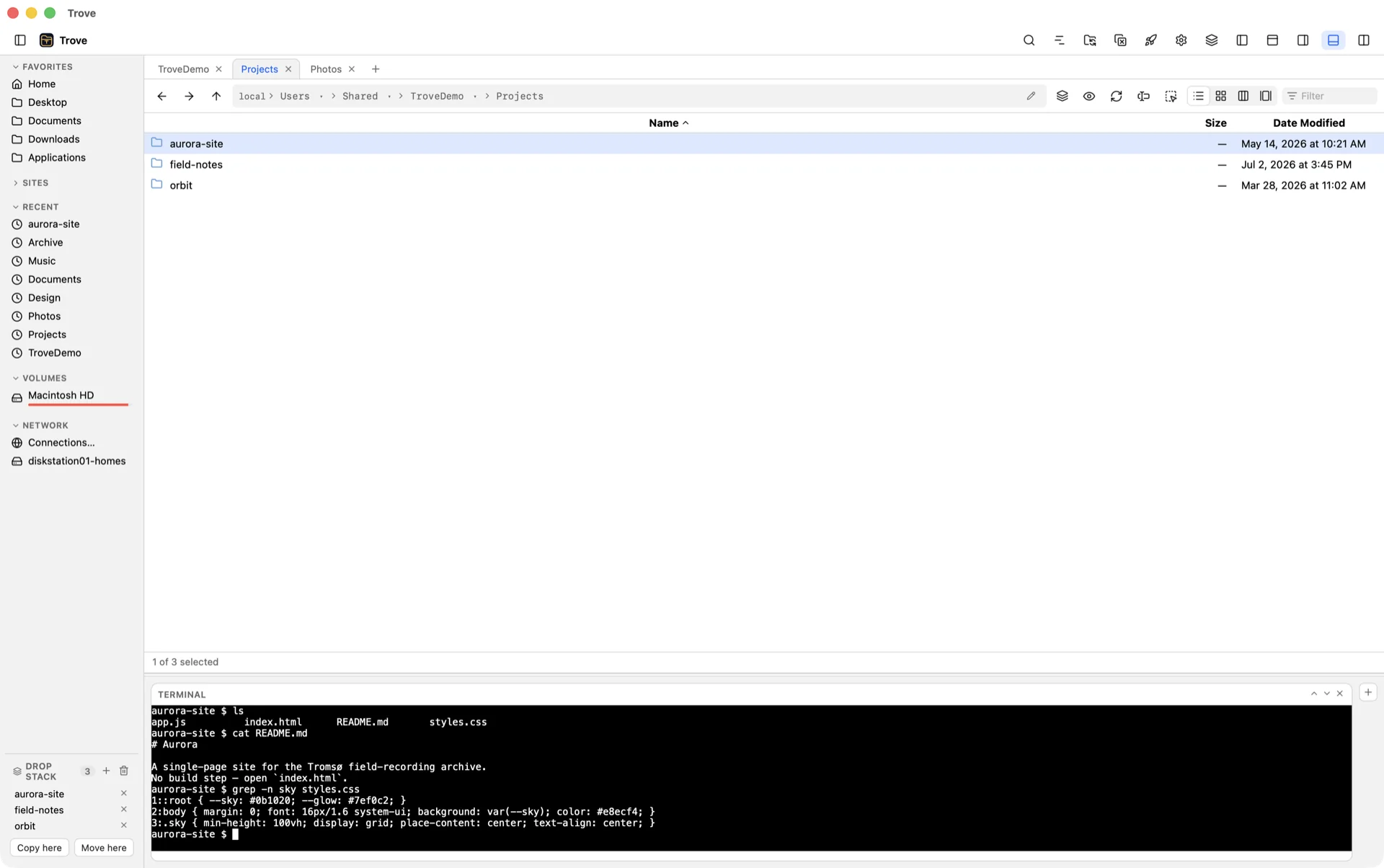 Trove with a terminal docked in the bottom shelf, opened inside a project folder and showing a directory listing.